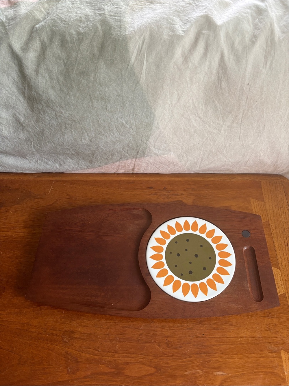 Antique/ vintage Wood Serving Board with Orange Sunflower Tile Inlay